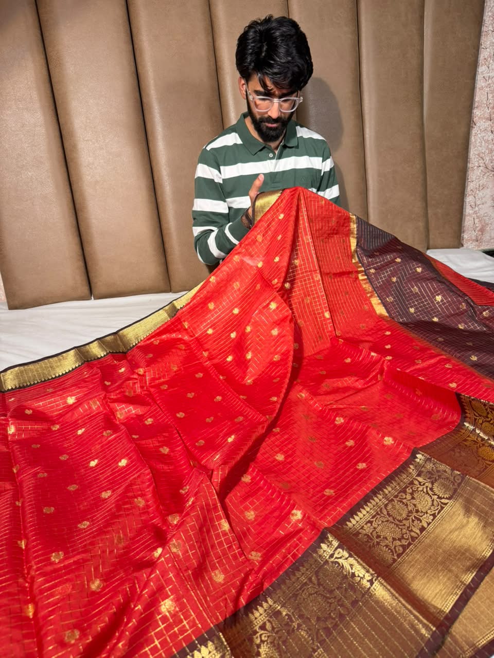 Bright Red Checks Buti Banarasi Silk Saree