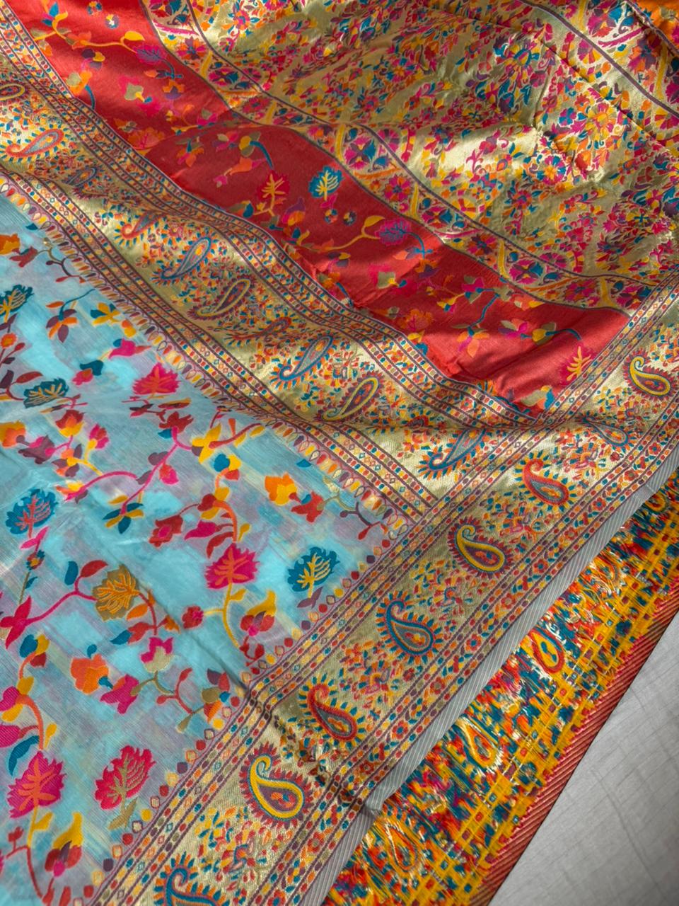 Baby Blue Soft Cotton Pashmina Tilfi Meenakari Banarasi Saree