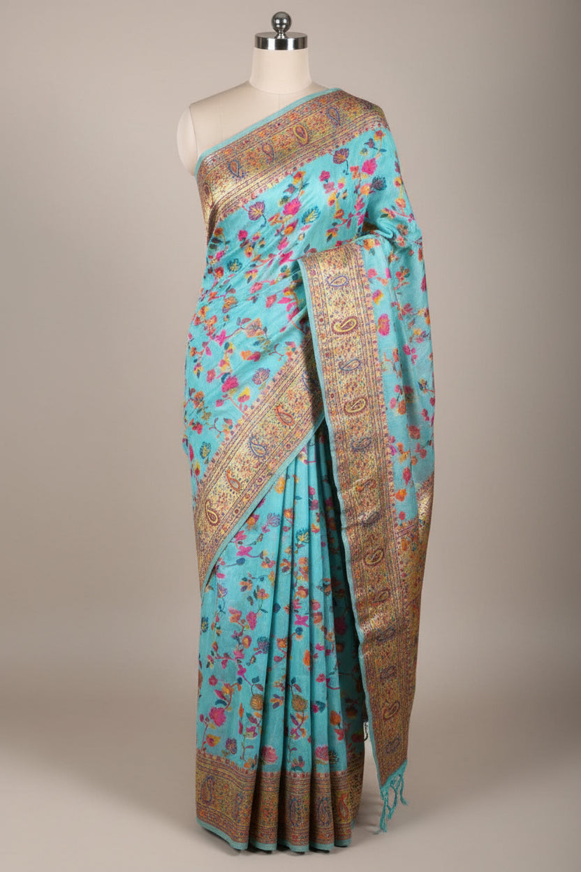 Baby Blue Soft Cotton Pashmina Tilfi Meenakari Banarasi Saree