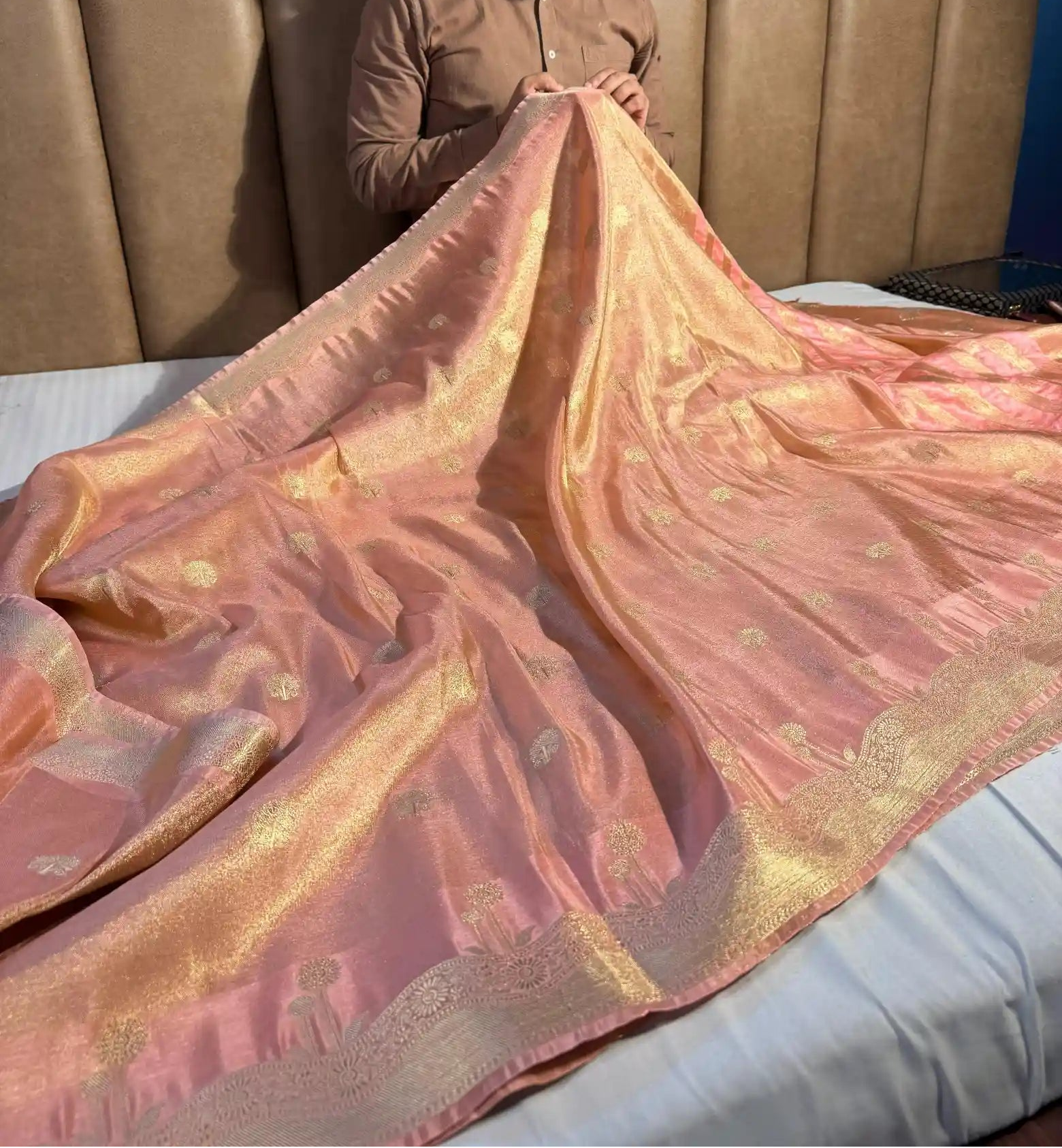 Baby Peach Breathable Katan Tissue Silk Traditional Buta Banarasi Saree