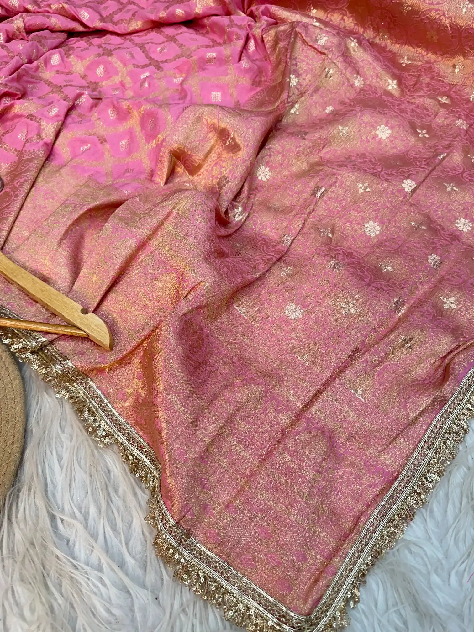 Baby Pink Chiniya Silk Exclusive Banarasi Saree with Designer Lace Work