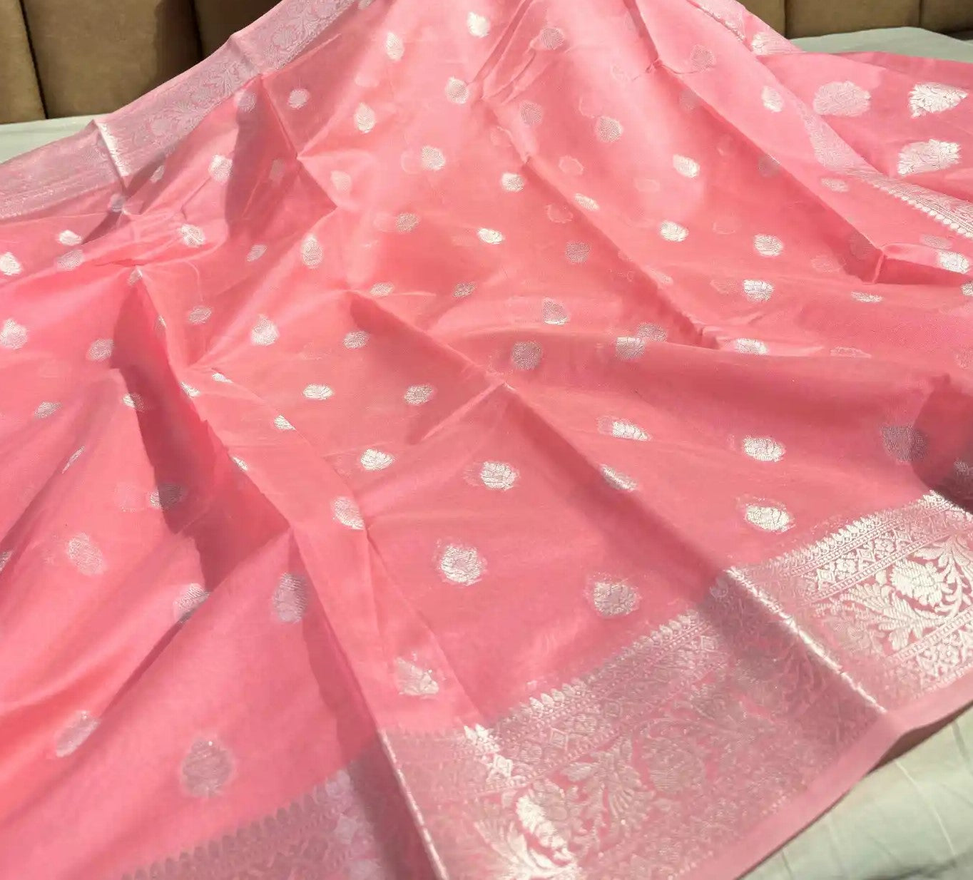 Pastel Pink Soft Silk Khaddi Buti Banarasi Saree