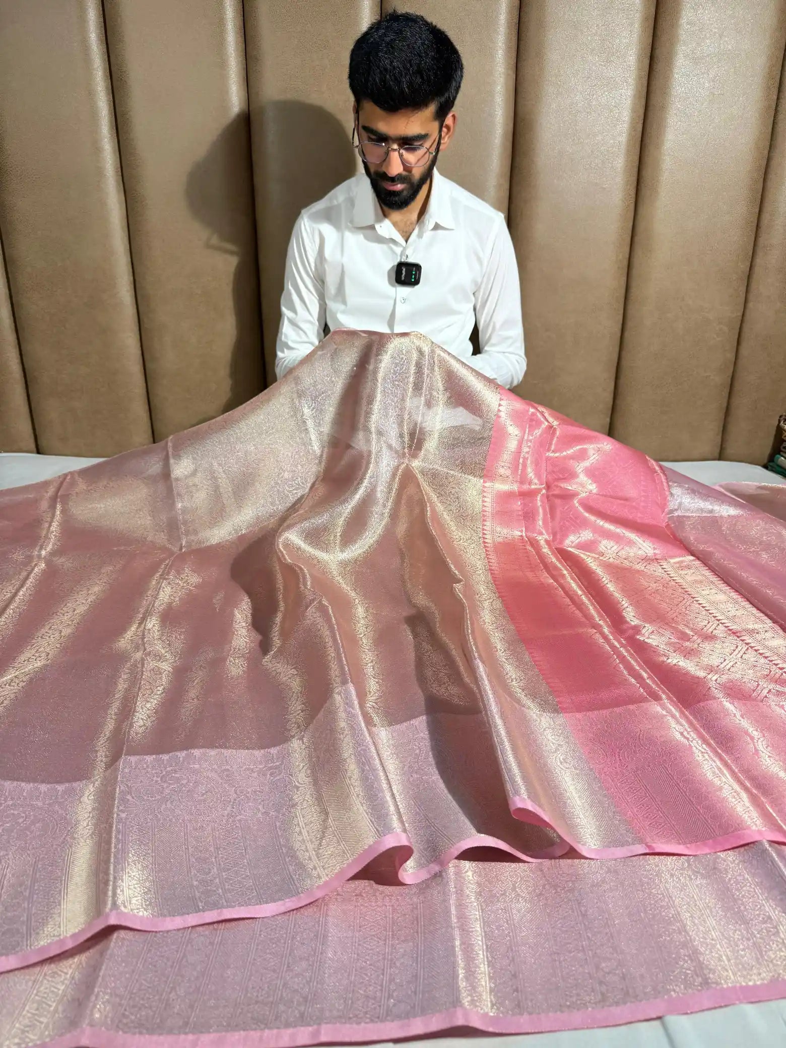 Baby Pink Embossed Kanjivaram Tissue Saree