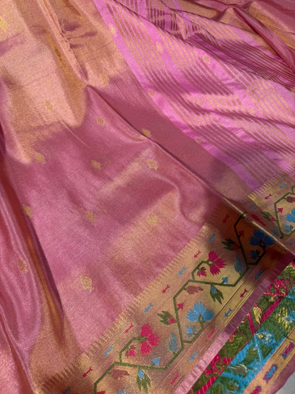 Baby Pink Ikkat Border Premium Tissue Banarasi Saree