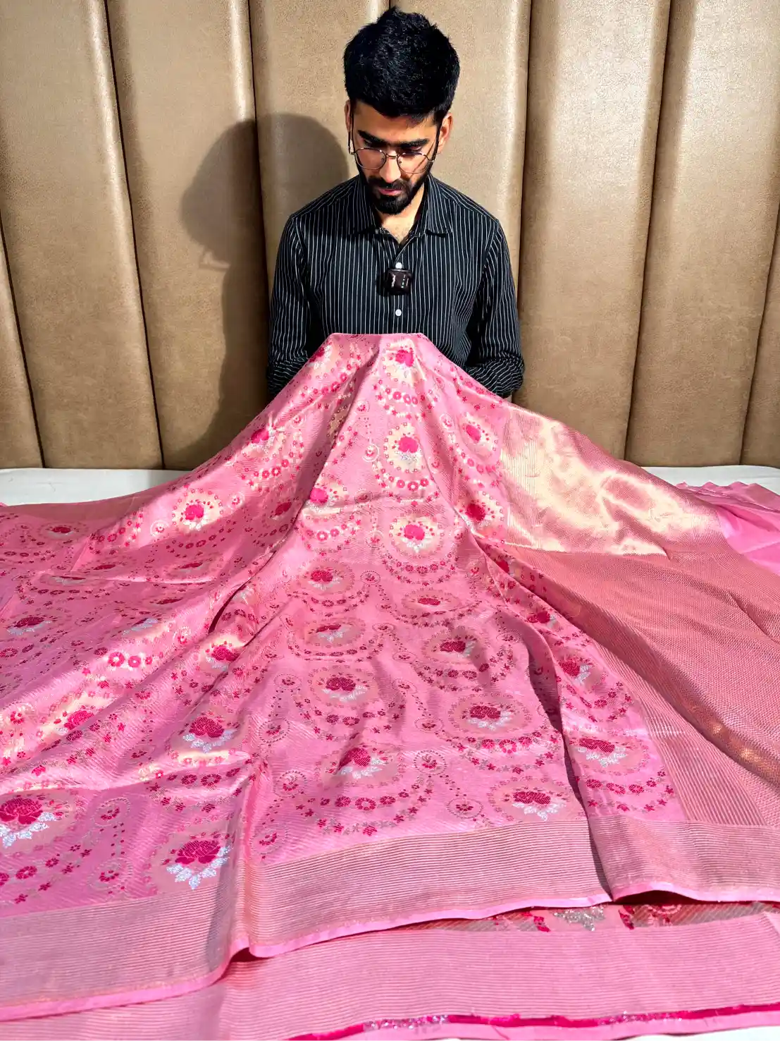 Baby Pink Pure Katan Silk Rose Boota Meenakari Banarasi Saree