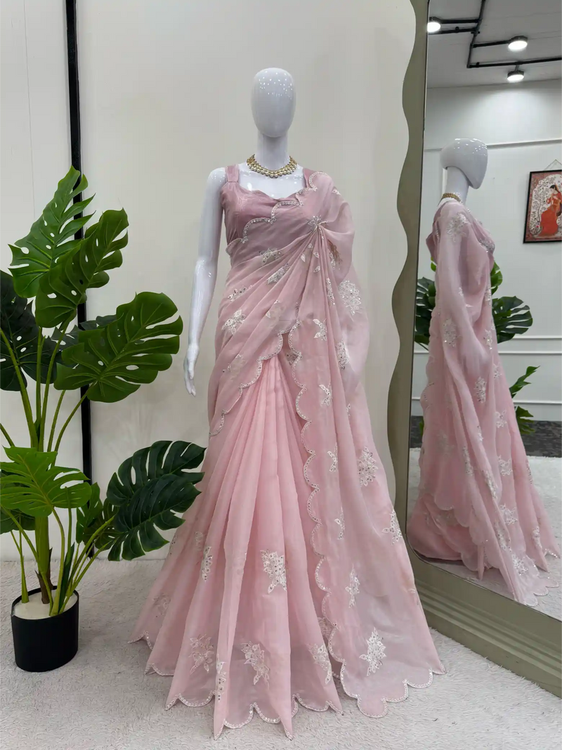 Baby Pink Shimmery Tissue Silk Designer Saree with Scallop Border