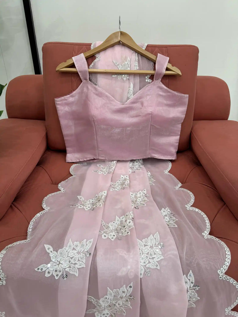 Baby Pink Shimmery Tissue Silk Designer Saree with Scallop Border