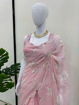 Baby Pink Shimmery Tissue Silk Designer Saree with Scallop Border