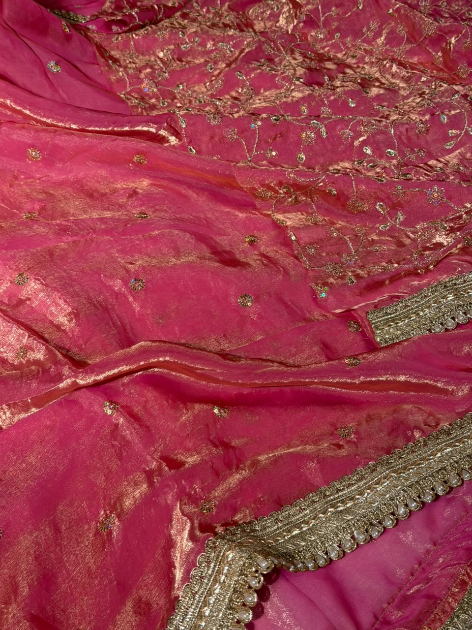 Baby Pink Shimmery Tissue Silk Embroidered Lace Work Saree