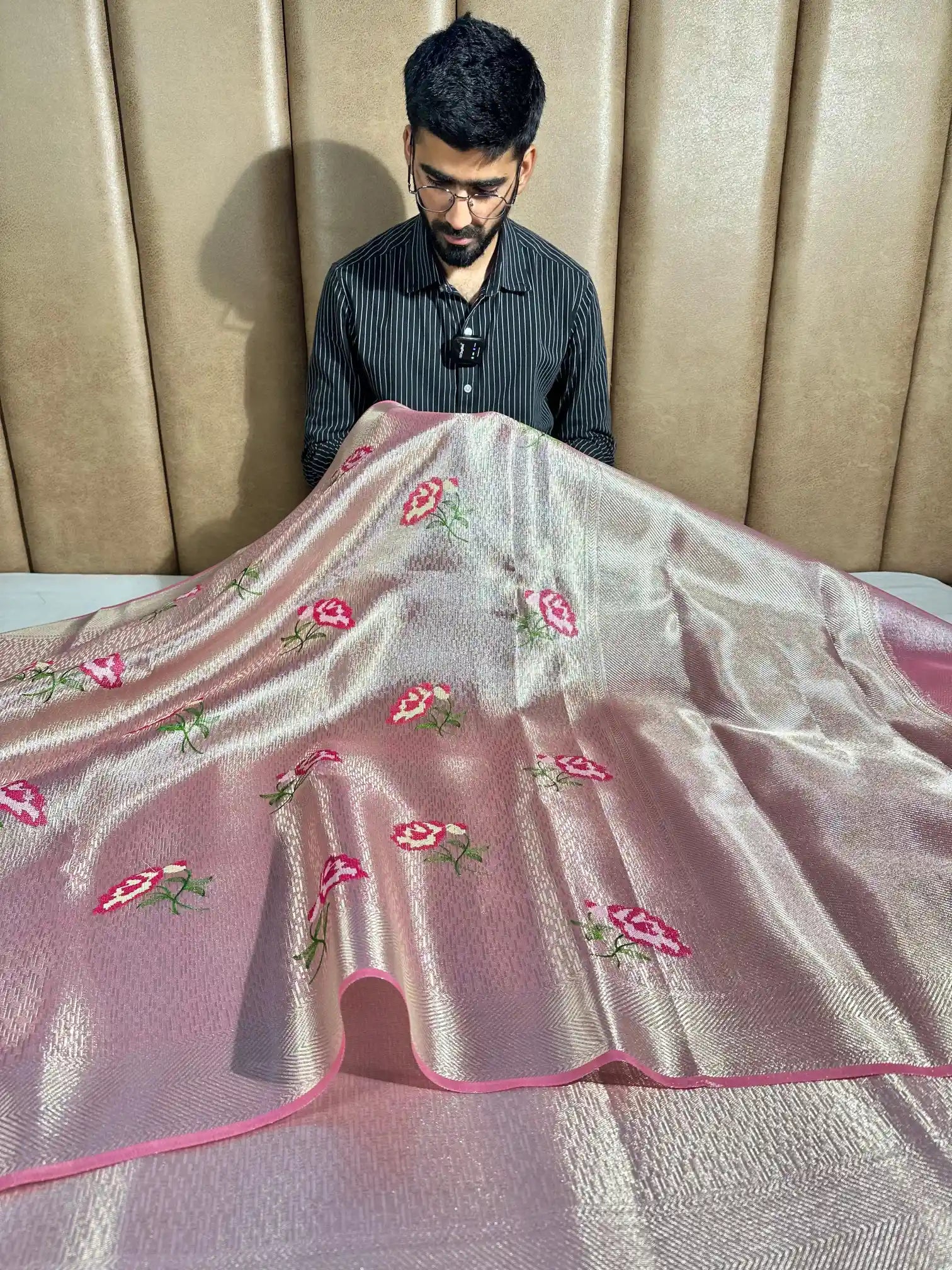 Baby Pink Brocade Tissue Silk Banarasi Saree with Exclusive Premium Knitted Embroidery Work