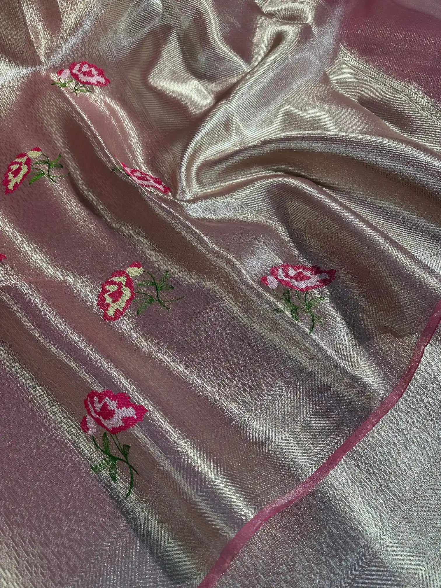 Baby Pink Tissue Silk Knitted Embroidery Work Banarasi Saree