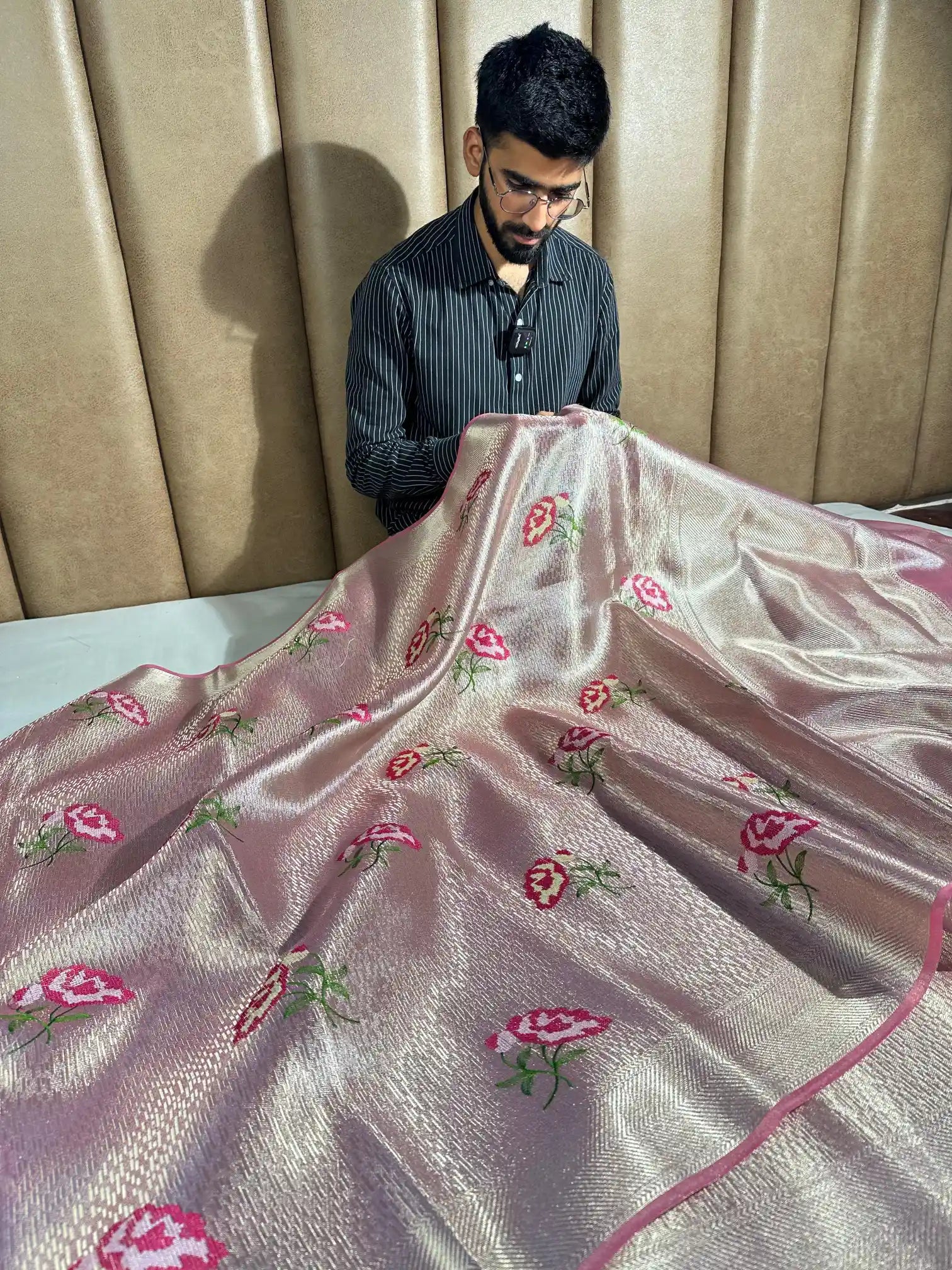 Baby Pink Brocade Tissue Silk Banarasi Saree with Exclusive Premium Knitted Embroidery Work