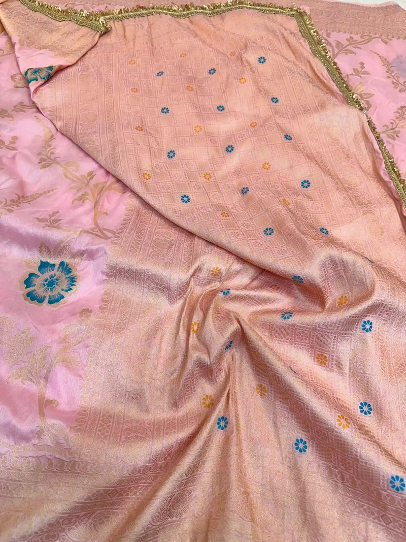 Baby Pink Chiniya Silk Floral Design Banarasi Saree