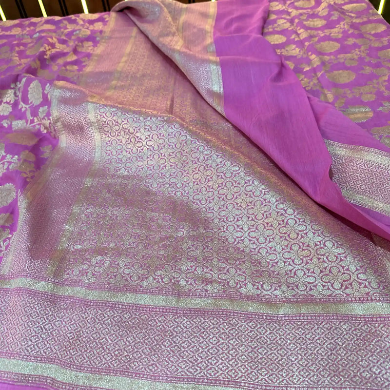 Baby Pink Floral Jaal Munga Silk Banarasi Saree
