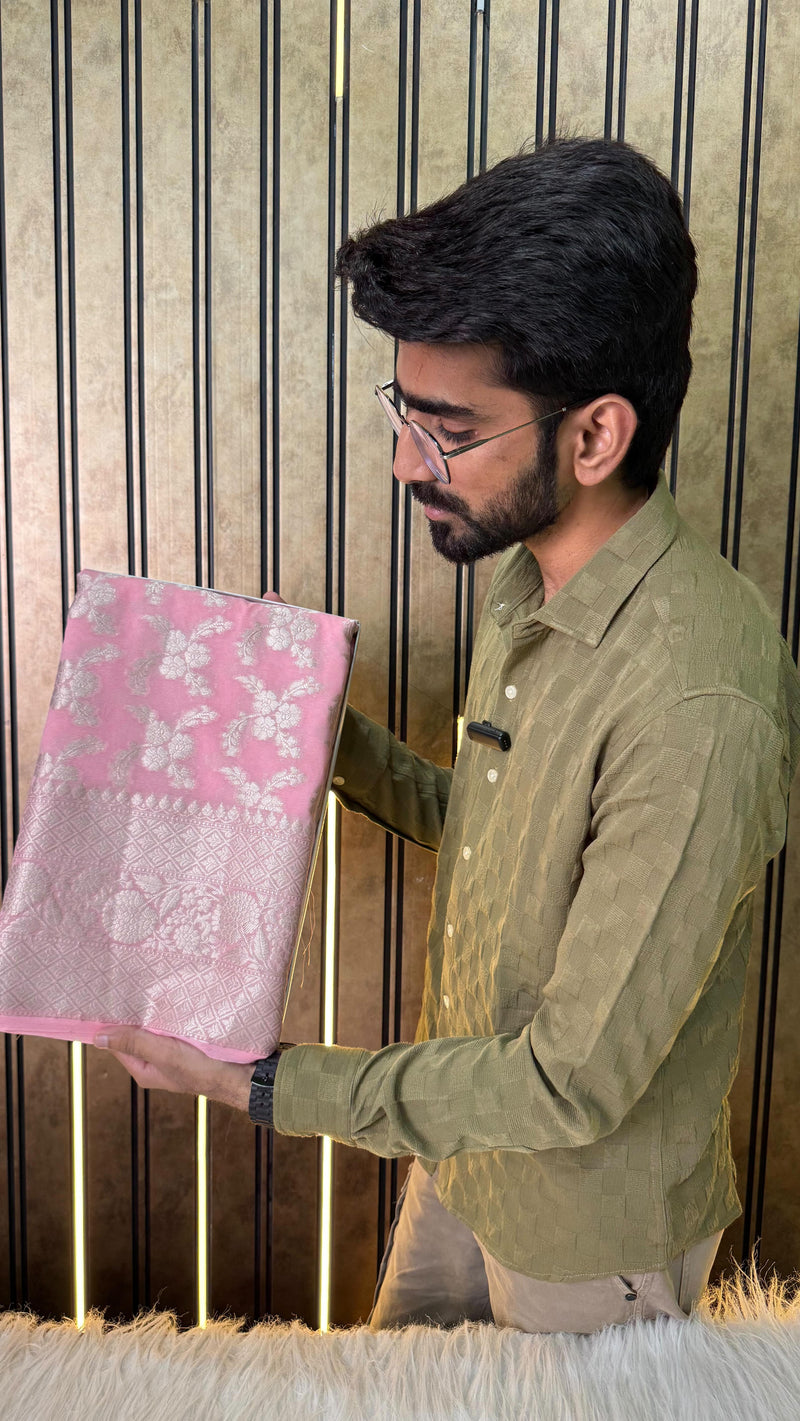 Baby Pink Georgette Silk Silver Zari Floral Banarasi Saree 