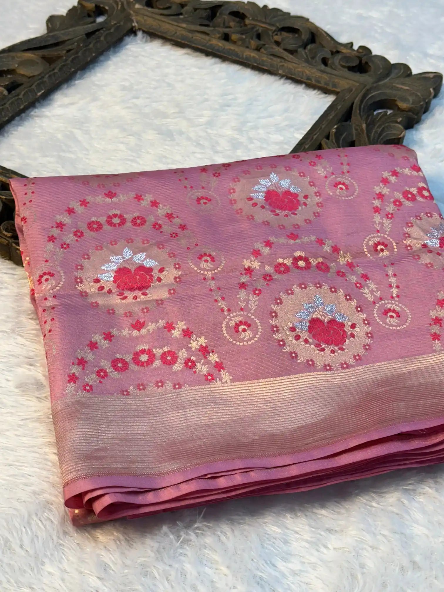 Baby Pink Pure Katan Silk Rose Boota Meenakari Banarasi Saree