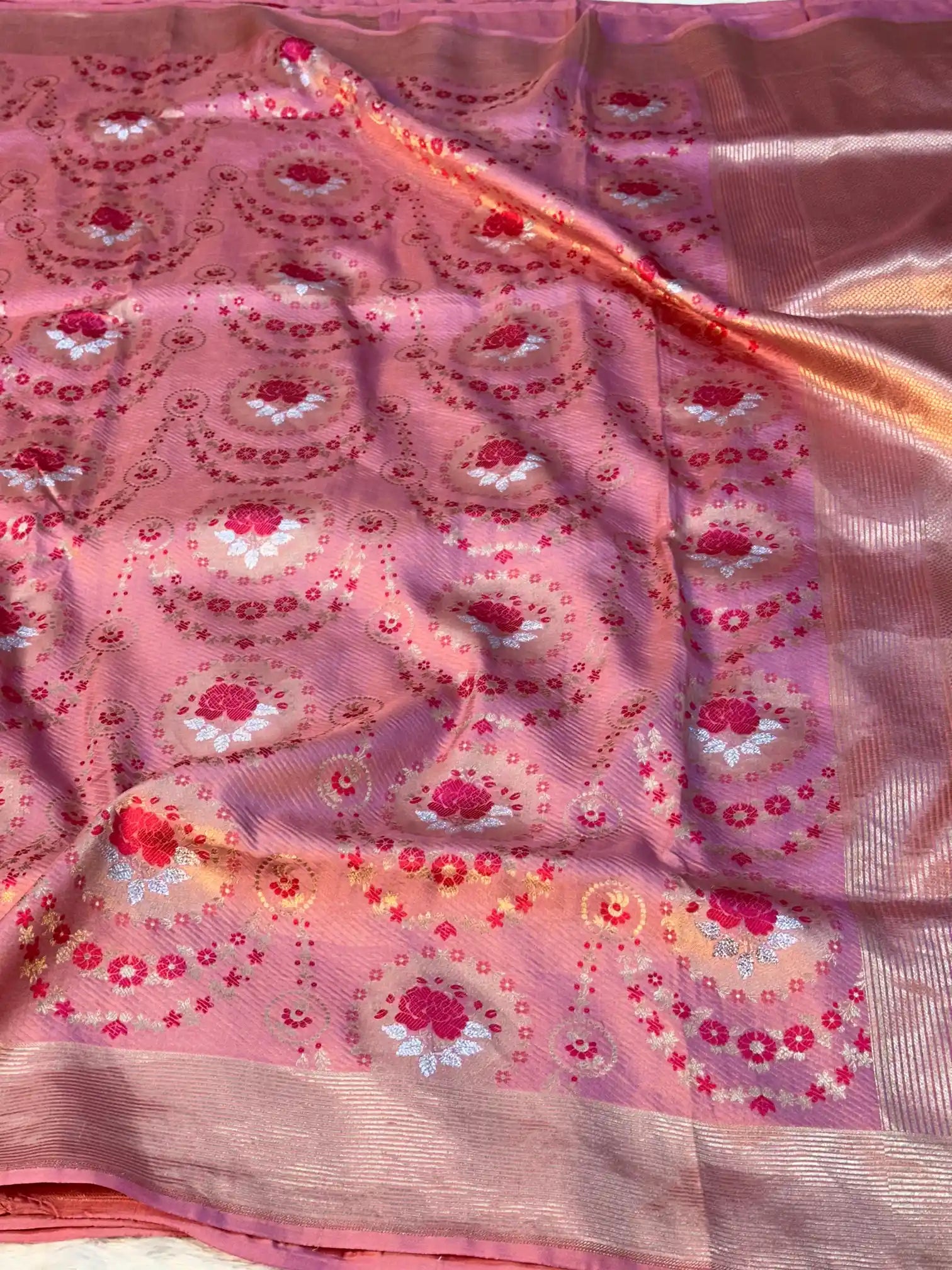 Baby Pink Pure Katan Silk Rose Boota Meenakari Banarasi Saree