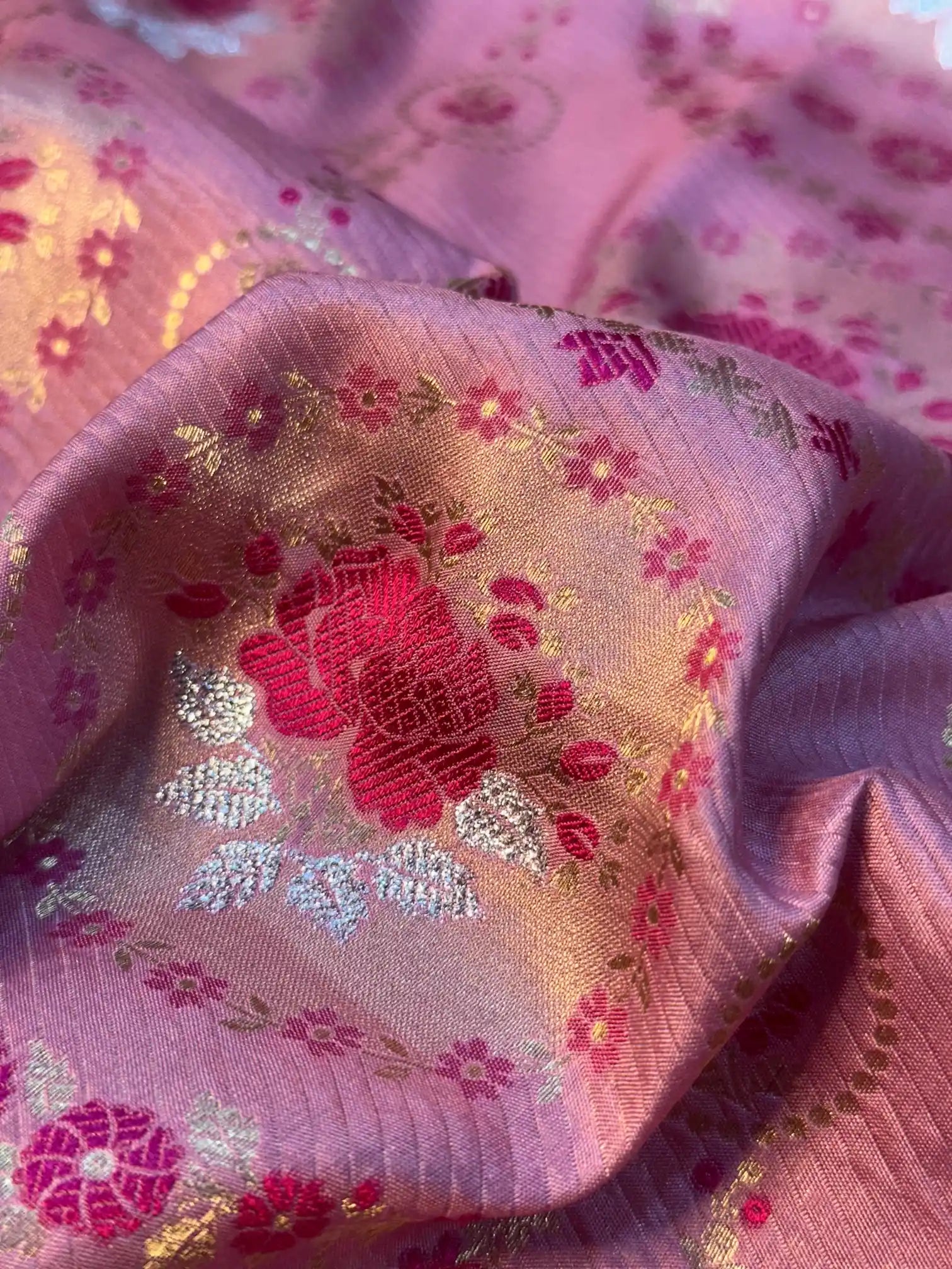 Baby Pink Pure Katan Silk Rose Boota Meenakari Banarasi Saree
