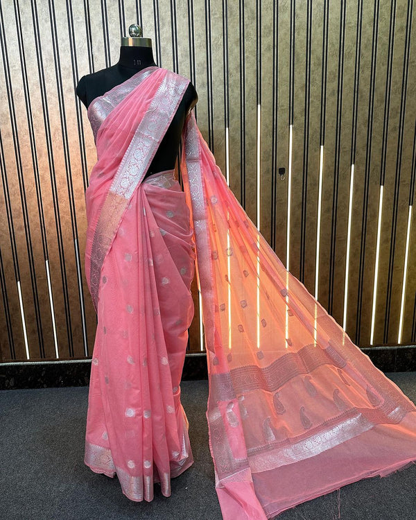 Baby Pink Semi Georgette Silk Zari Buti Banarasi Saree