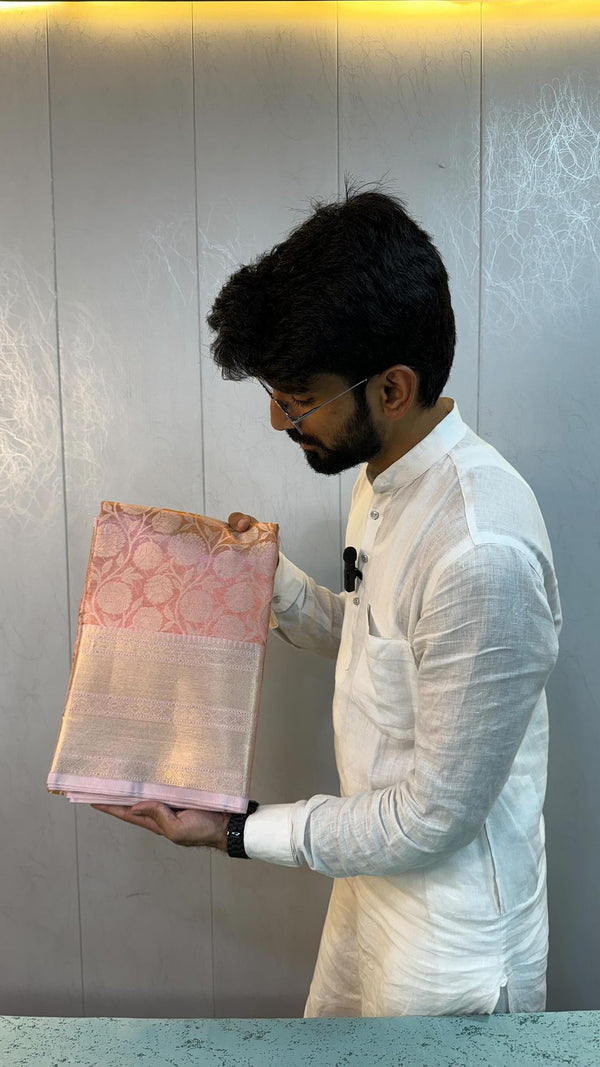 Baby Pink Shade Kanjeevaram Tissue Silk Saree in Floral Embossed Weave
