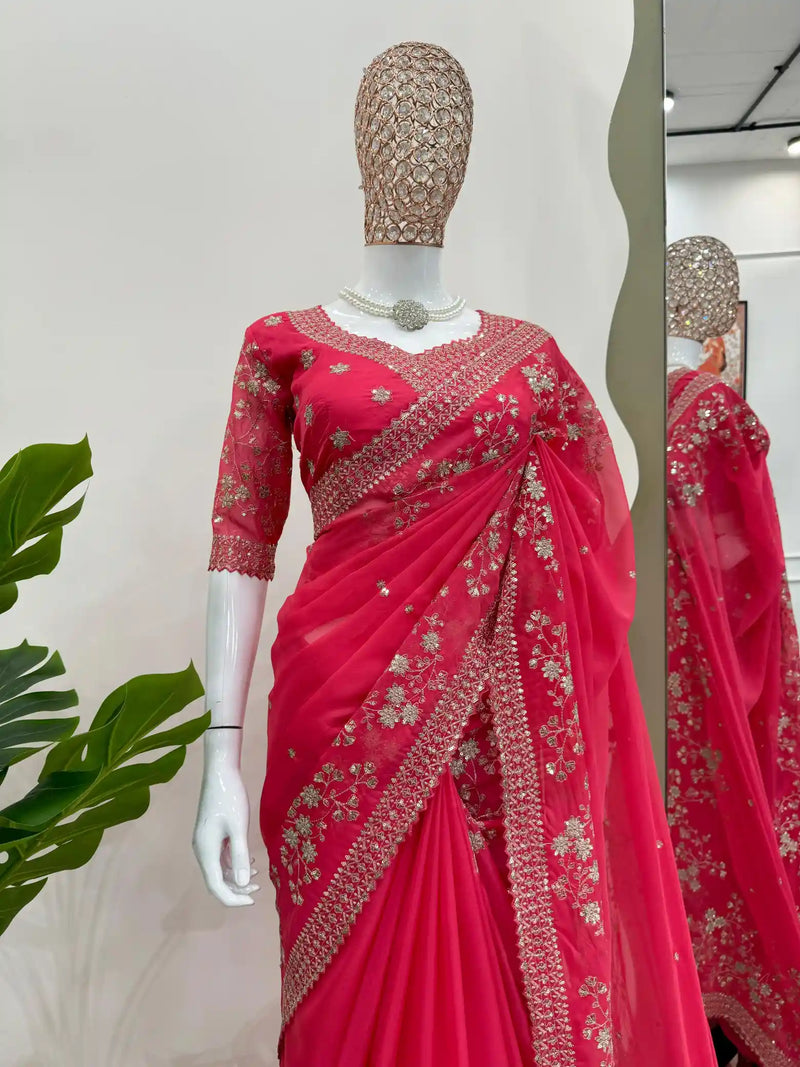 Baby Pink Shimmery Organza Designer Saree