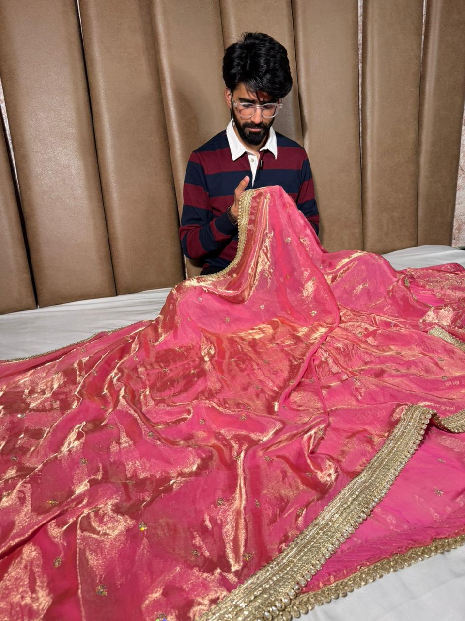 Baby Pink Shimmery Tissue Silk Embroidered Lace Work Saree