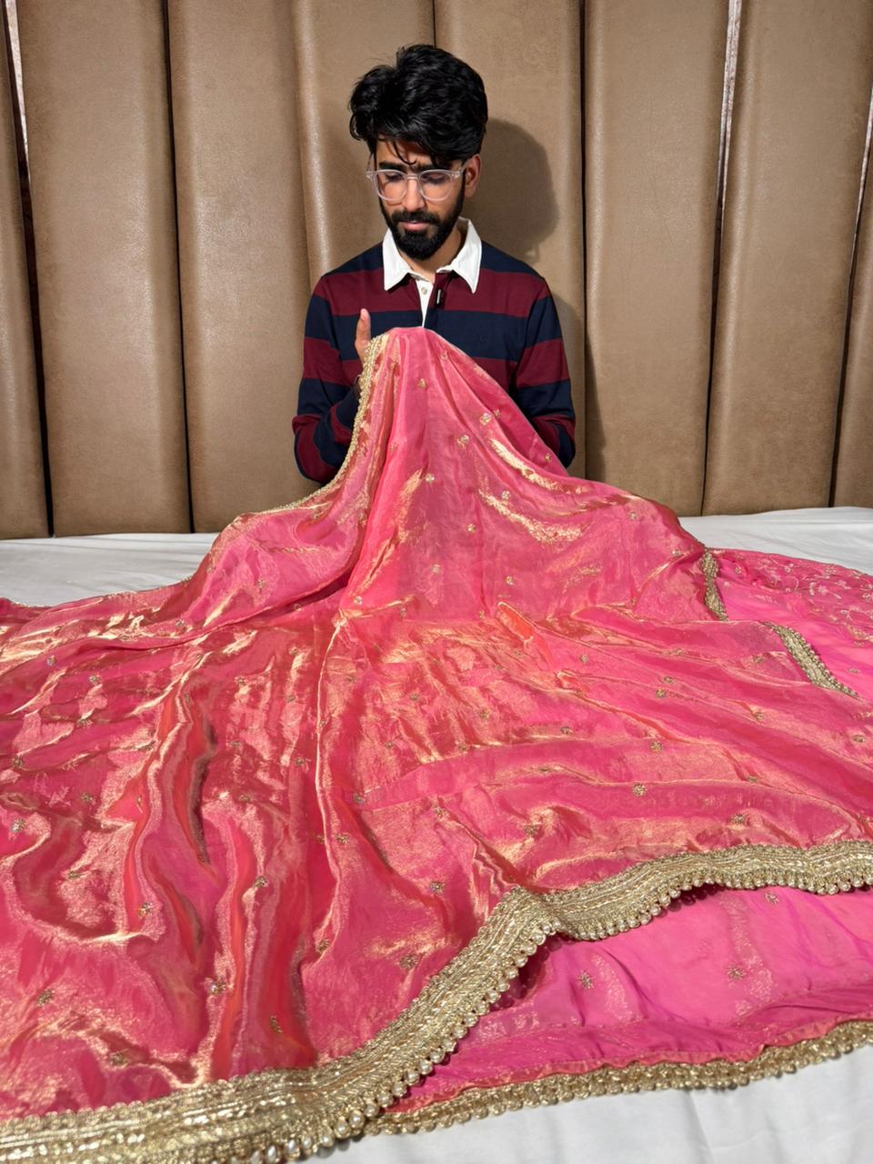 Baby Pink Shimmery Tissue Silk Embroidered Lace Work Saree