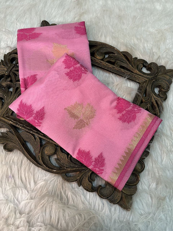 Baby Pink Soft Cotton Silk Banarasi Sarees