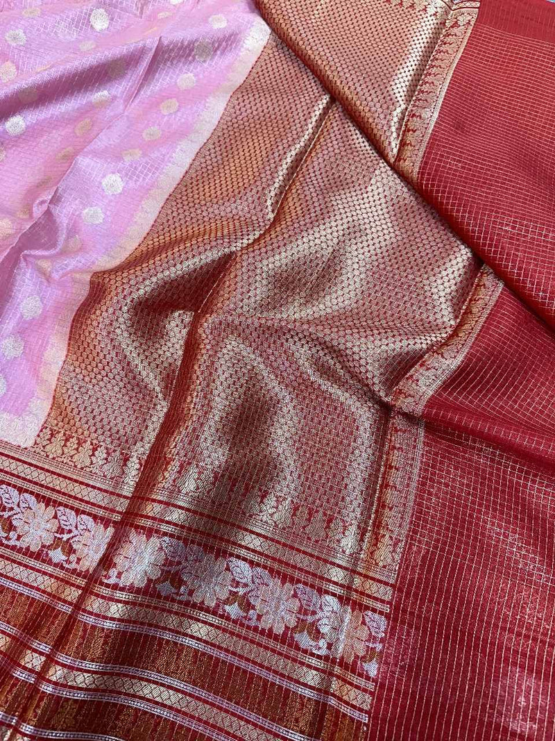 Baby Pink Warm Silk Checks Buta Banarasi Saree