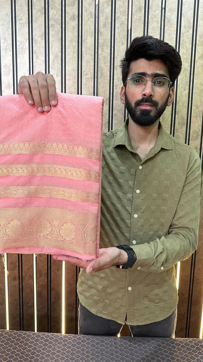 Baby Pink Warm Silk Zari Striped Banarasi Saree