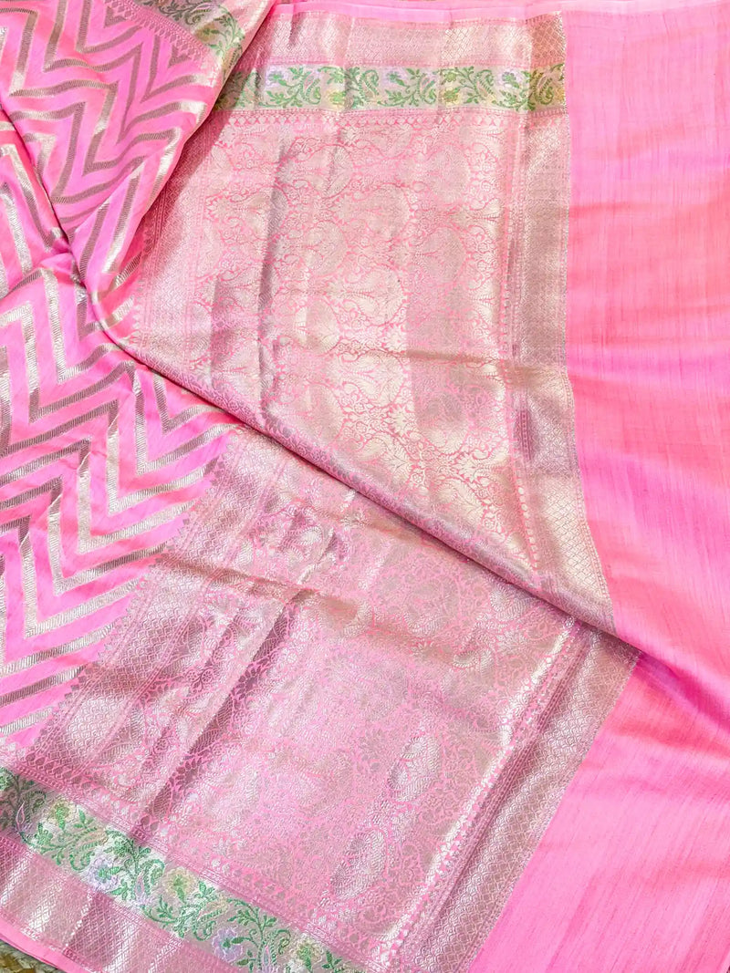 Baby Pink Zig Zag Pure Chiniya Silk Saree