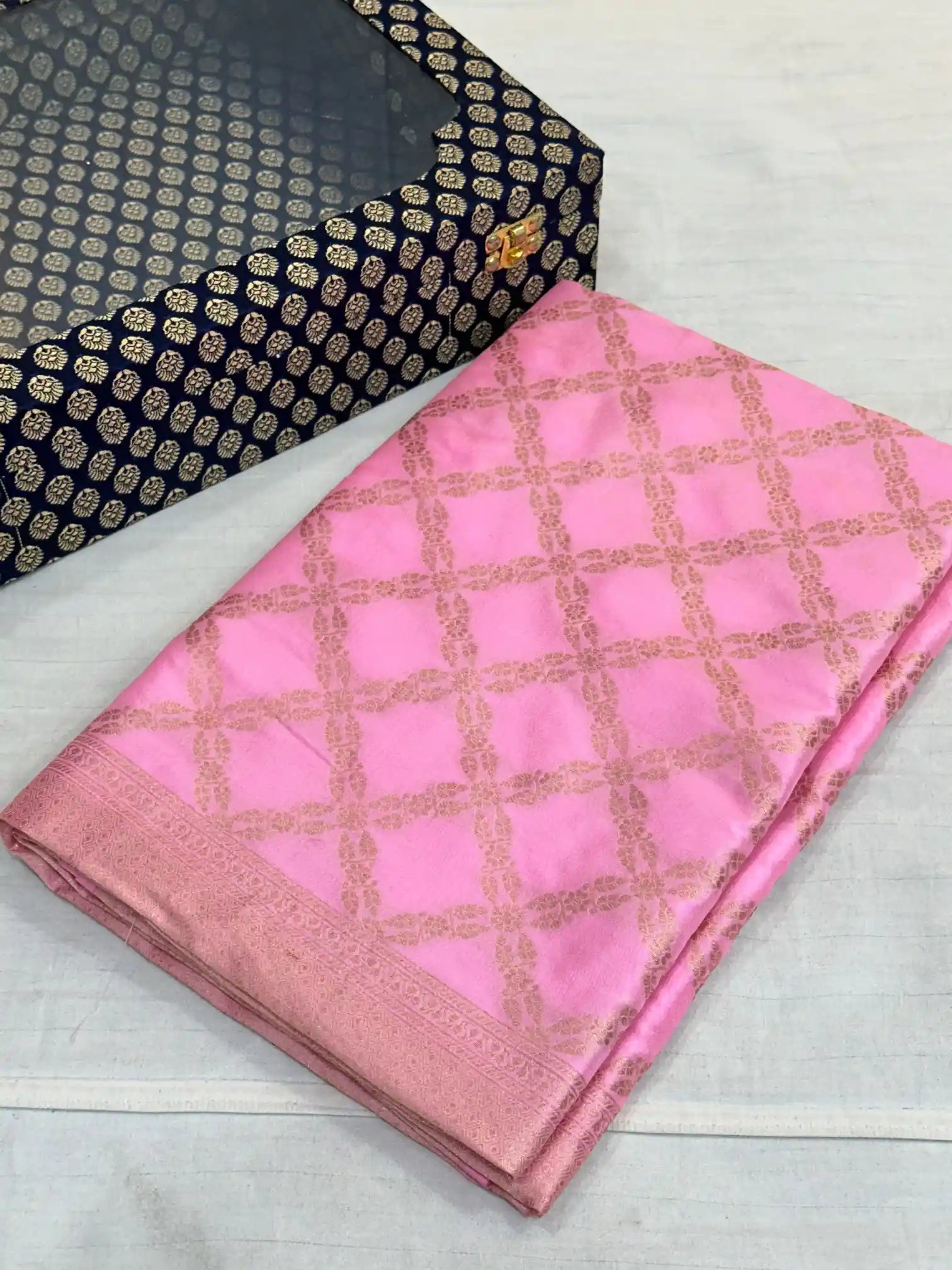Baby pink jangla weave pure katan silk Banarasi saree