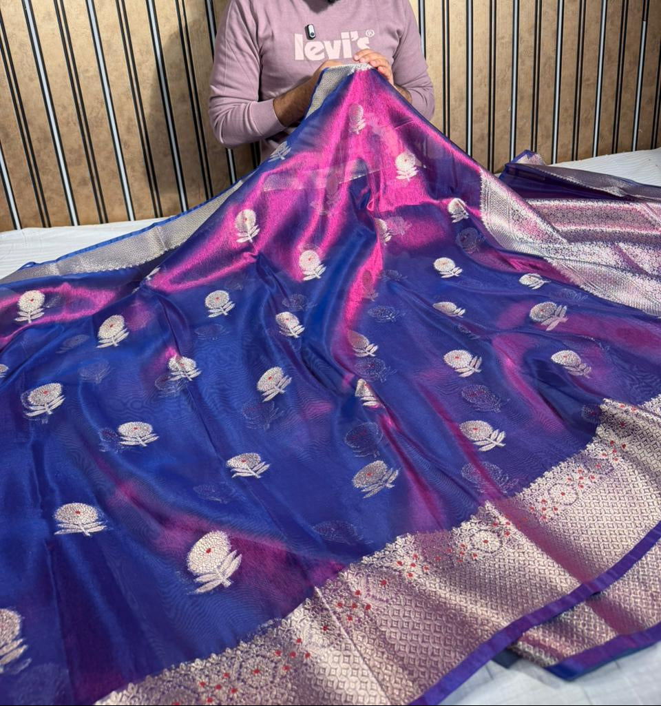 Baigani Kora Tissue Silk Flower Buta Banarasi Saree