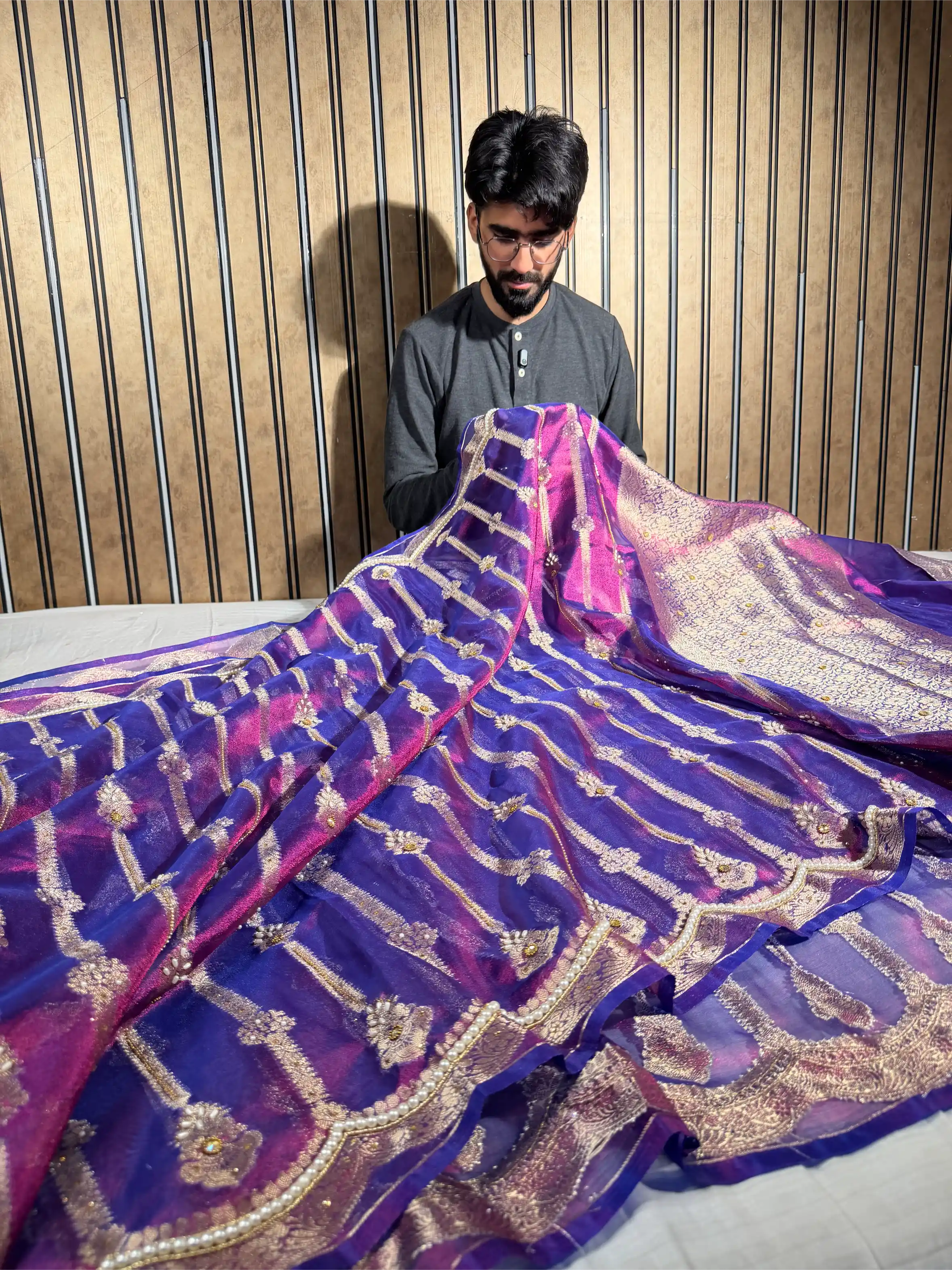 Baigani Scallop Tissue Silk Handwork Banarasi Saree