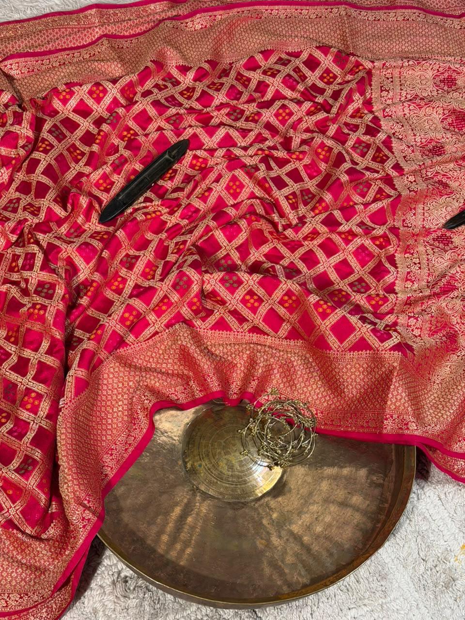 Bandhani Weave Warm Silk Banarasi Saree In Rani Shade