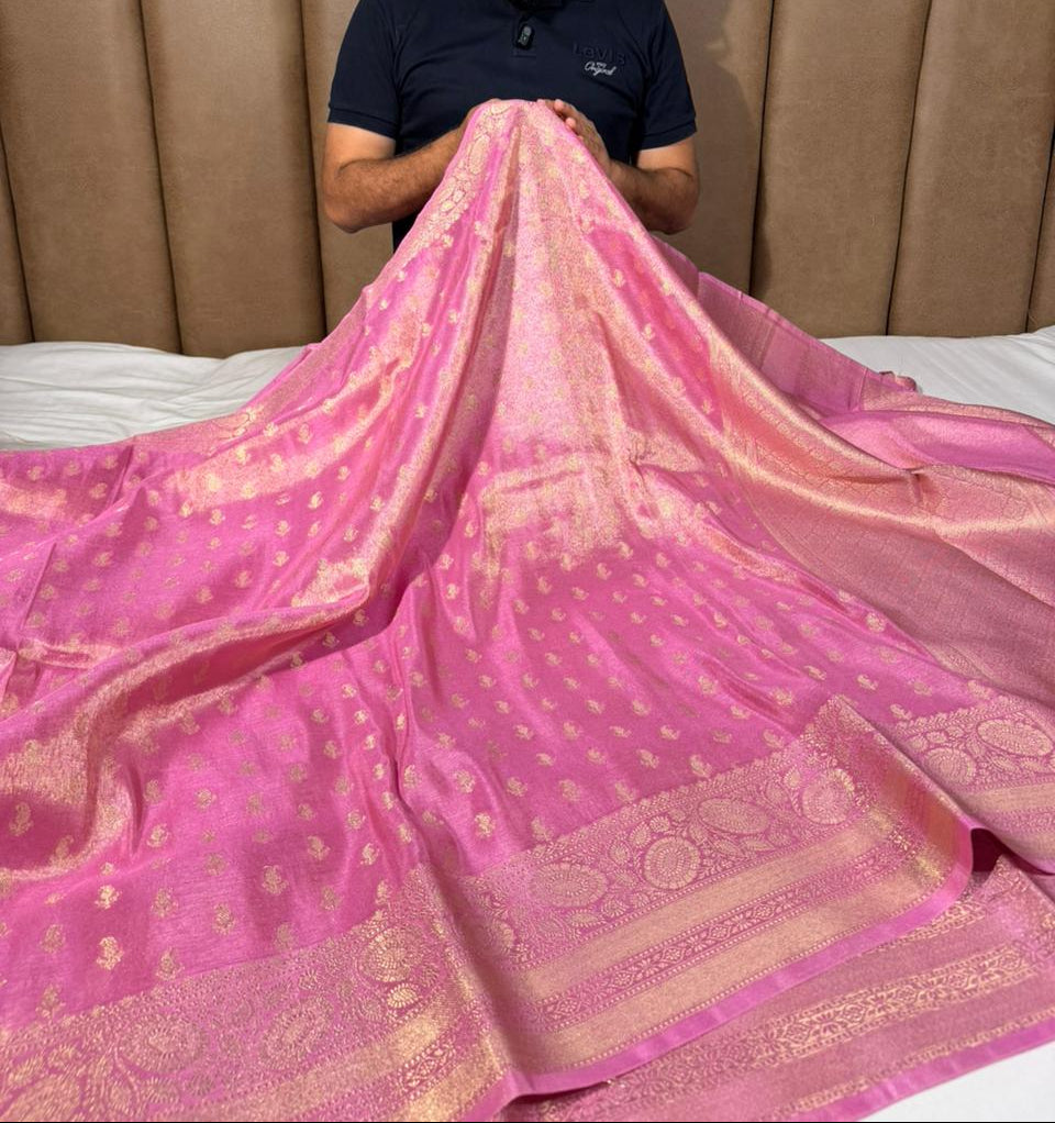 Barbie Pink Breathable Soft Tissue Banarasi Saree