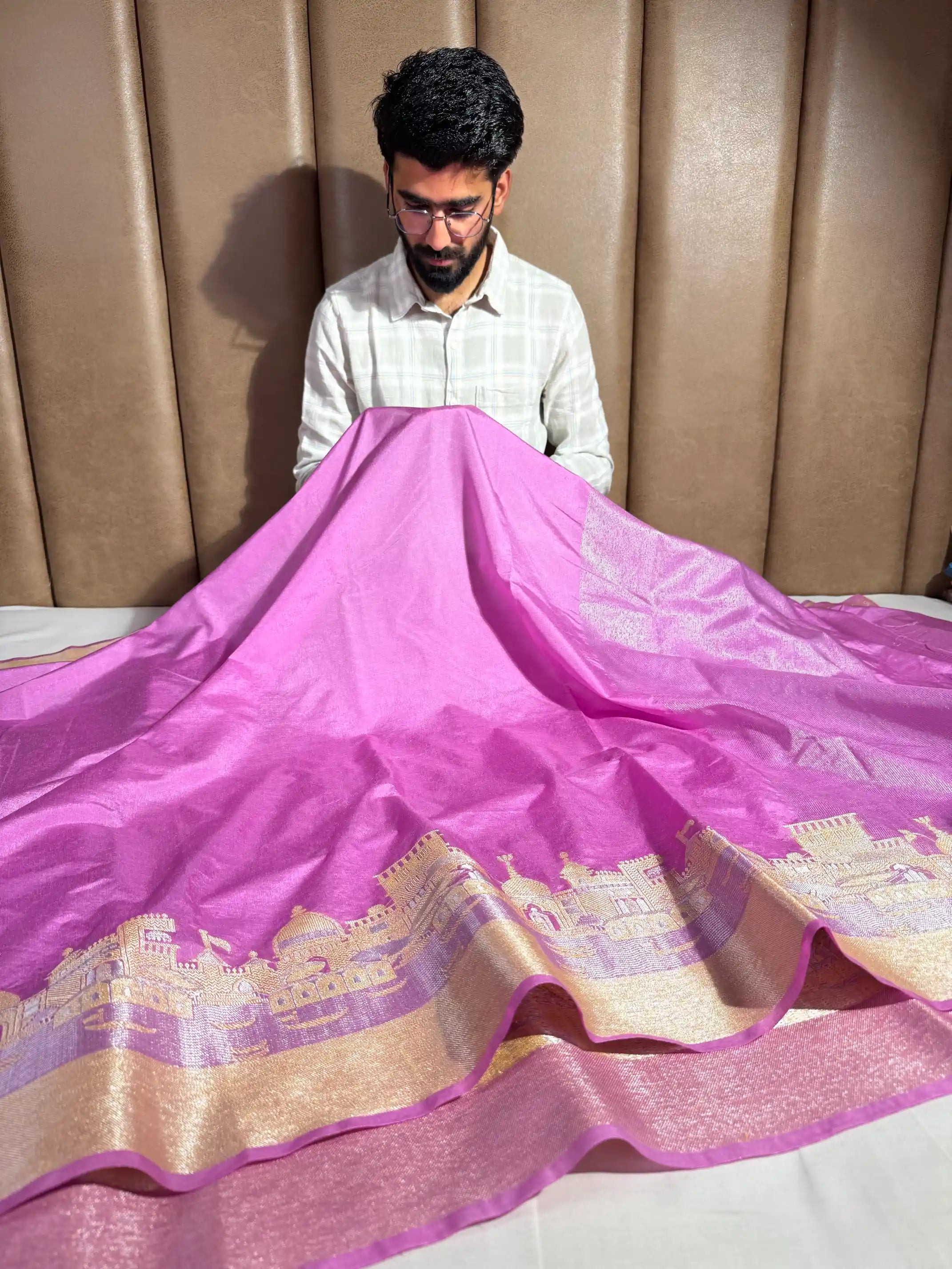 Barbie Pink Georgette Silk Ghat Pattern Banarasi saree