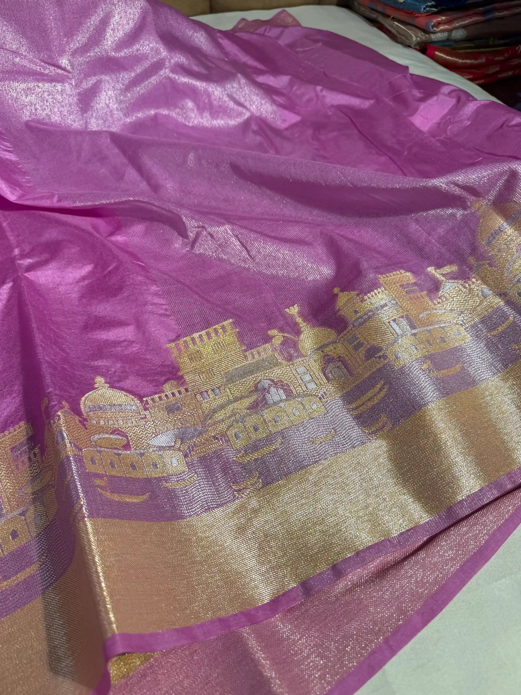 Barbie Pink Georgette Silk Ghat Pattern Banarasi saree