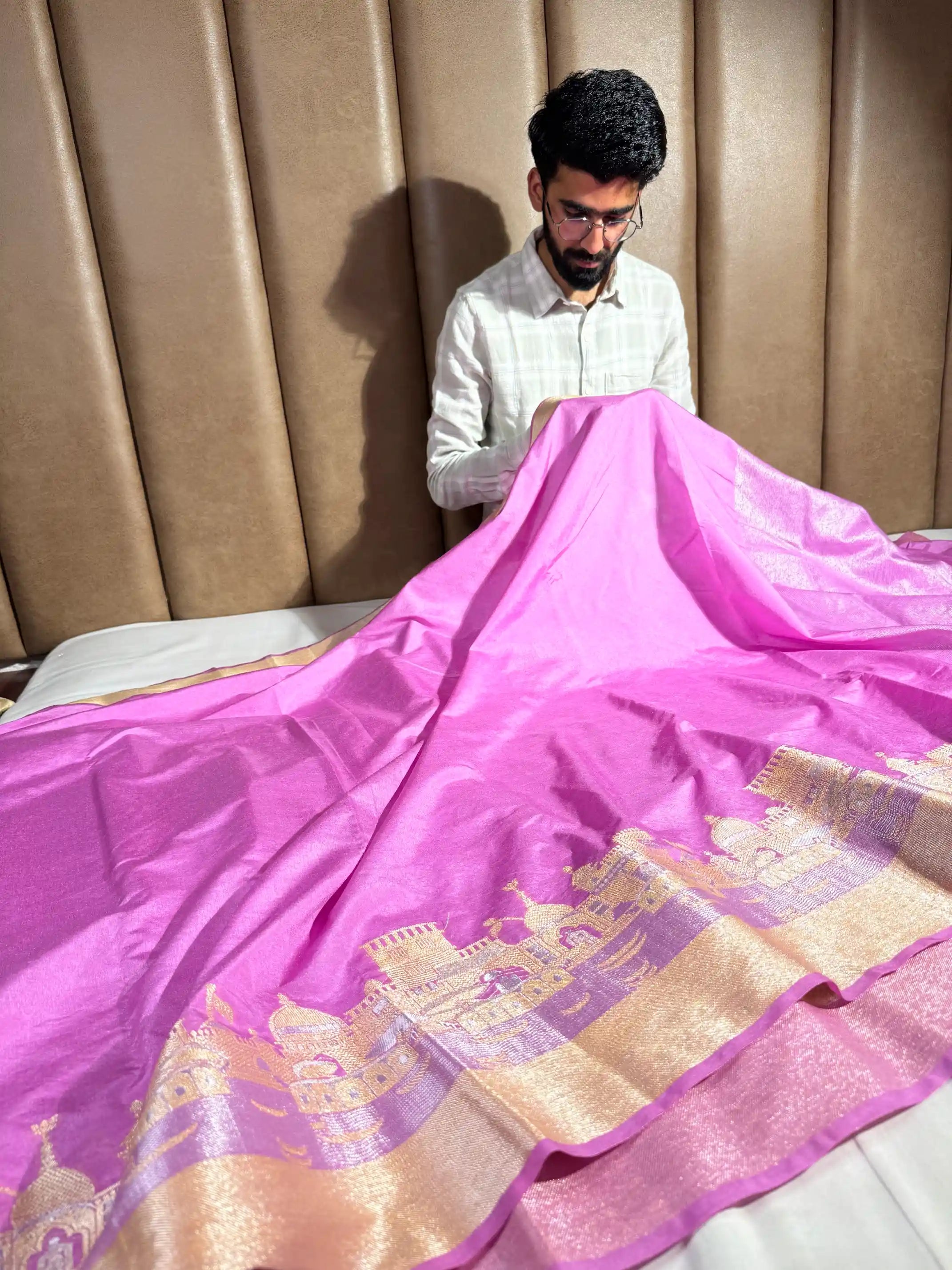Barbie Pink Georgette Silk Ghat Pattern Banarasi saree