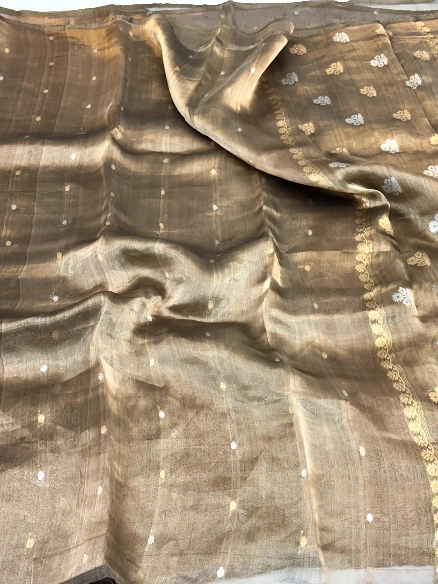 Beige Brown Handwoven Pure Tissue Silk Saree