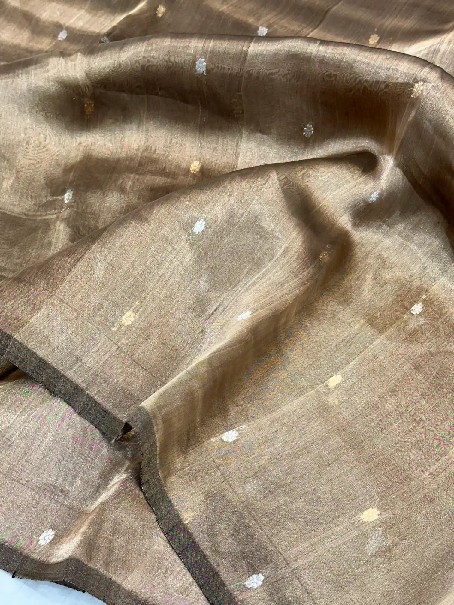 Beige Brown Handwoven Pure Tissue Silk Saree