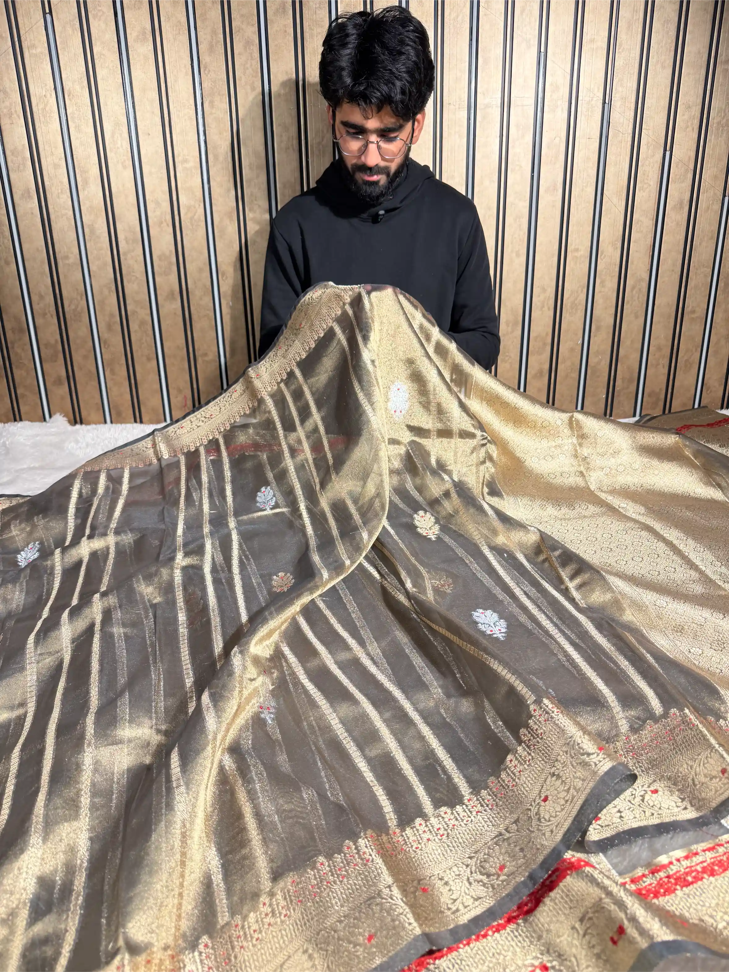 Beige Brown Kora Tissue Silk Contemporary Meenakari Weave Banarasi Saree