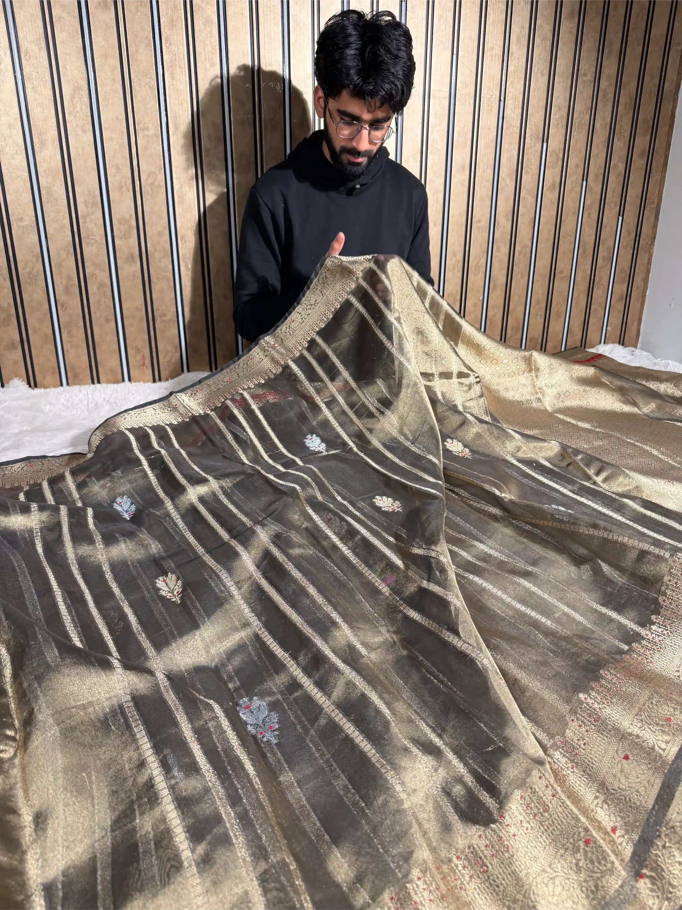 Beige Brown Kora Tissue Silk Contemporary Meenakari Weave Banarasi Saree