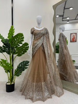 Beige Shade Glossy Net Shimmery Seauins Work Saree