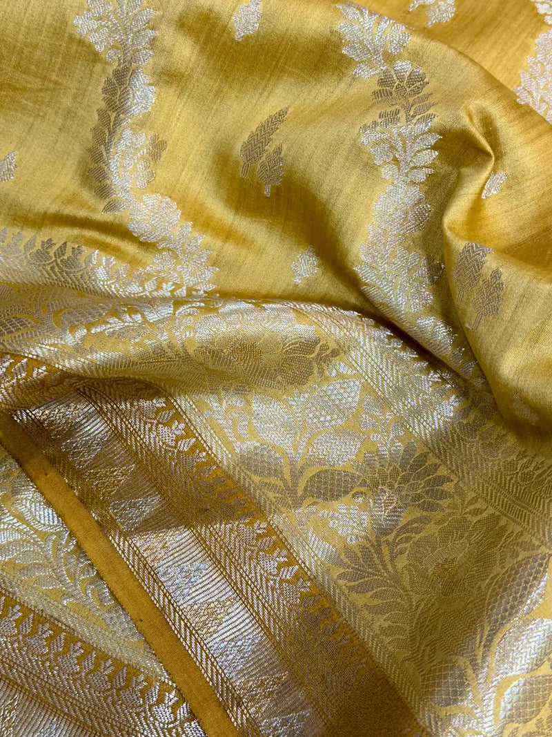 Biscotti Yellow Leheriya Pure Chiniya Silk Banarasi Saree