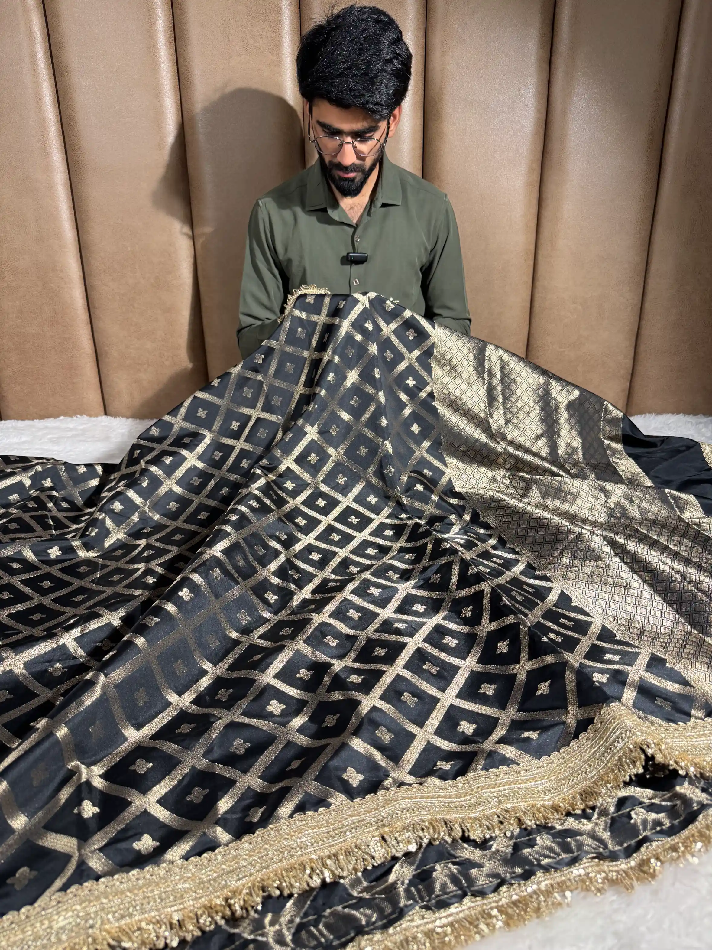 Black Chinia Silk Checkered Designer Banarasi Saree