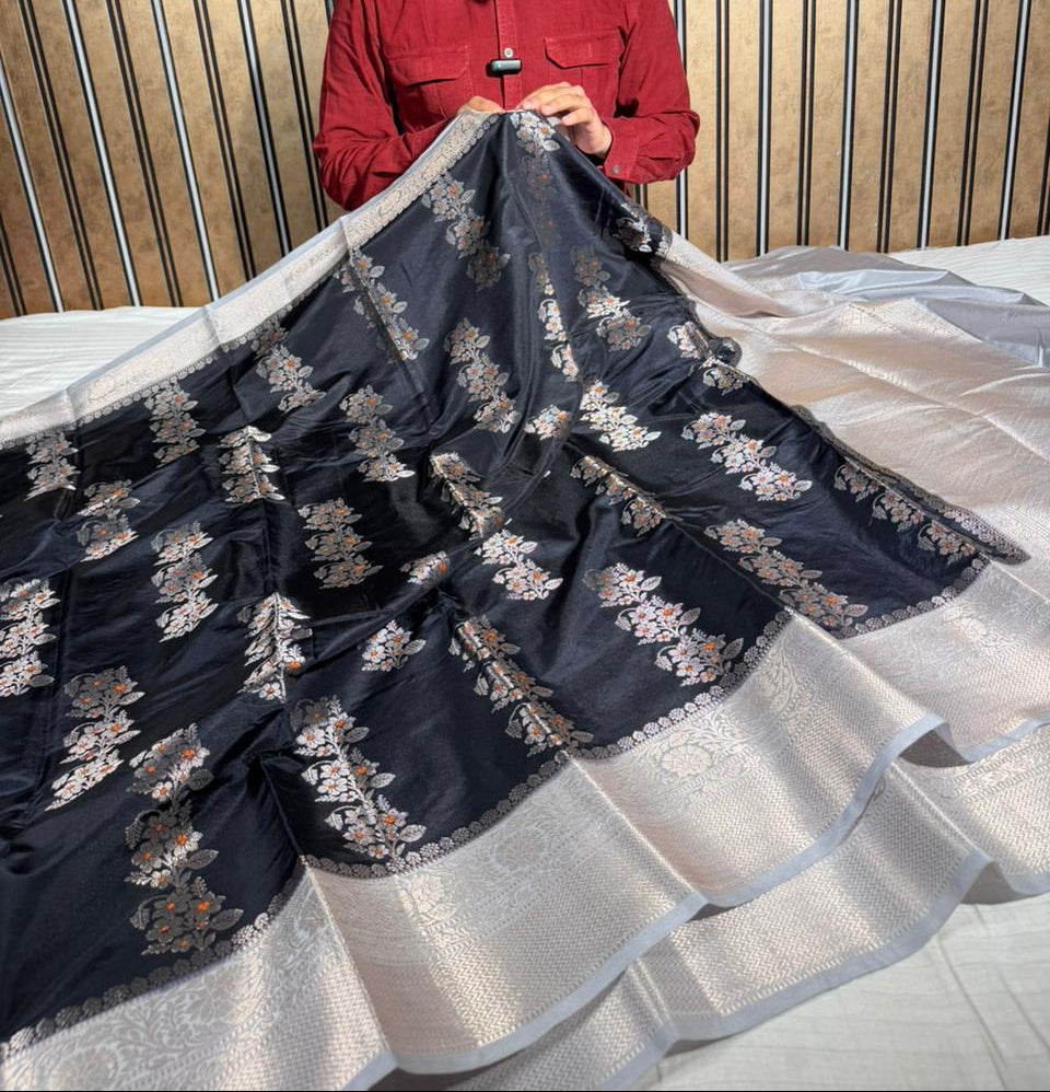 Black Contrast Banana Silk Meenakari Weave Banarasi Saree