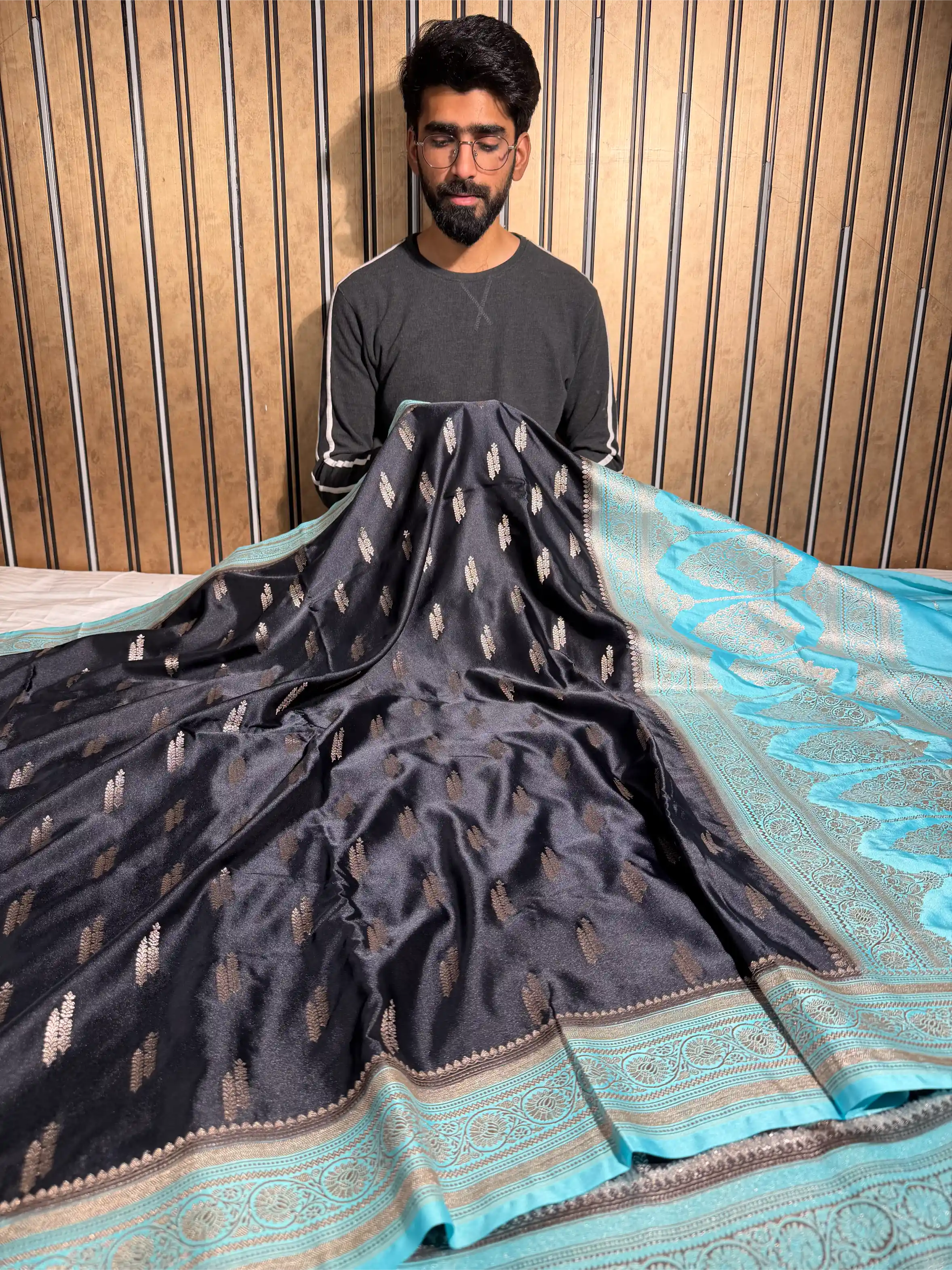 Black Contrast Mashru Katan Contemporary Weave Banarasi Saree