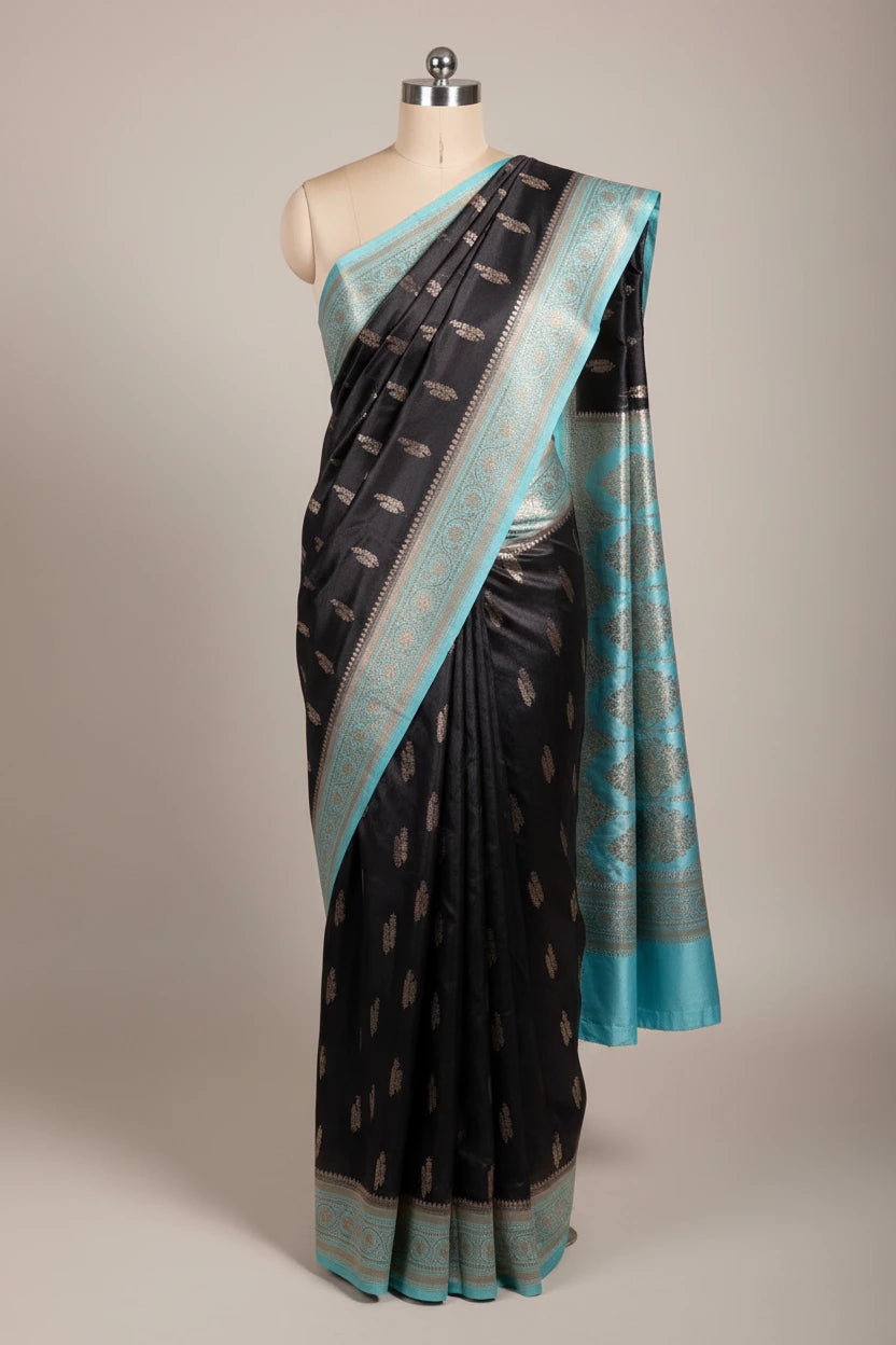 Black Contrast Mashru Katan Contemporary Weave Banarasi Saree