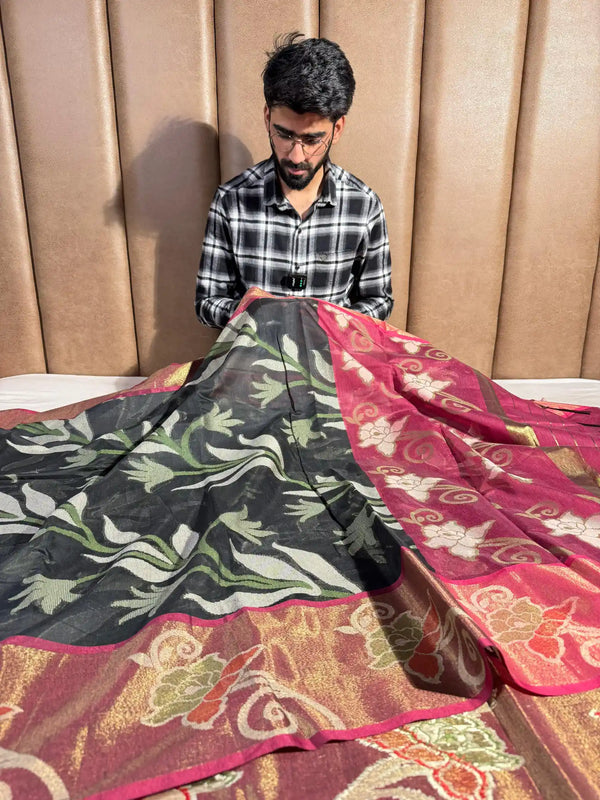 Black Cotton Silk Floral Weave Banarasi Saree 
